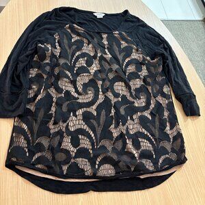 SweetGrey Lace Blouse Small Black with Tan Underlayer 3/4 Sleeves Rayon Blend